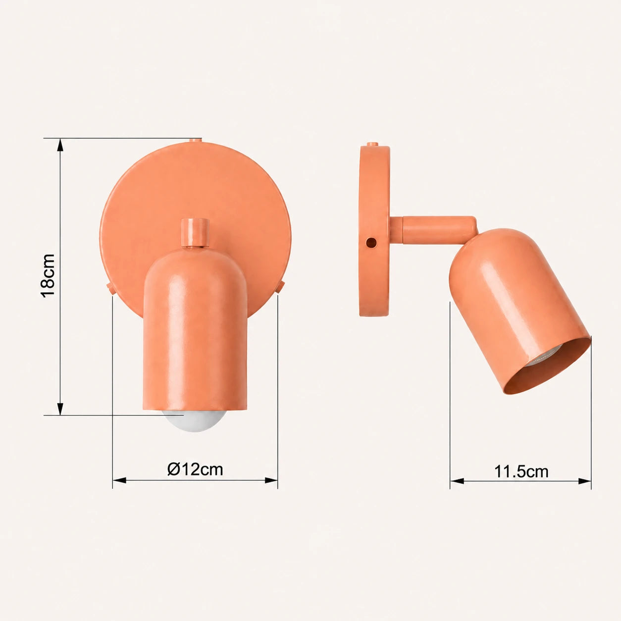 Adjustable spot LED Nordic wall light dimensions — arm length, head size and wall bracket measurements on a white background.