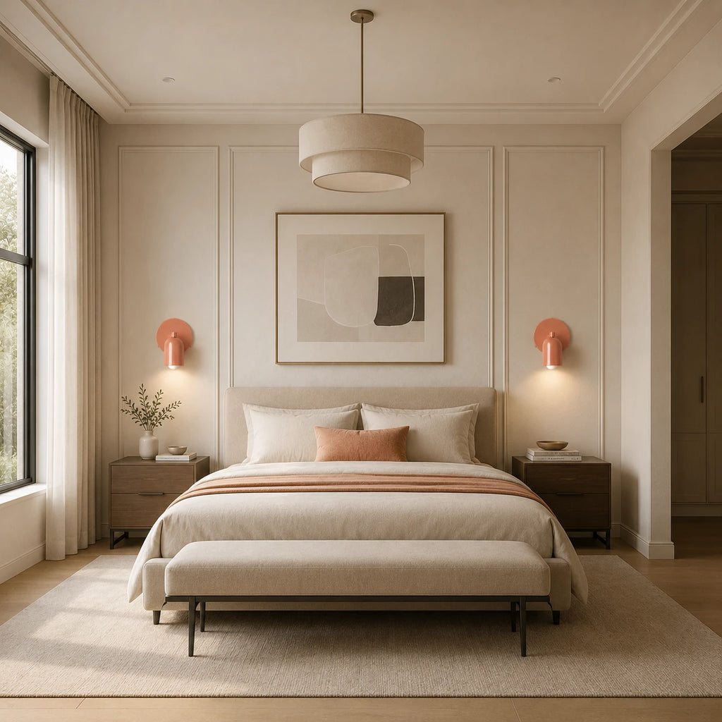 Pair of red adjustable spot LED Nordic wall lights either side of a bed in a Scandinavian-inspired bedroom