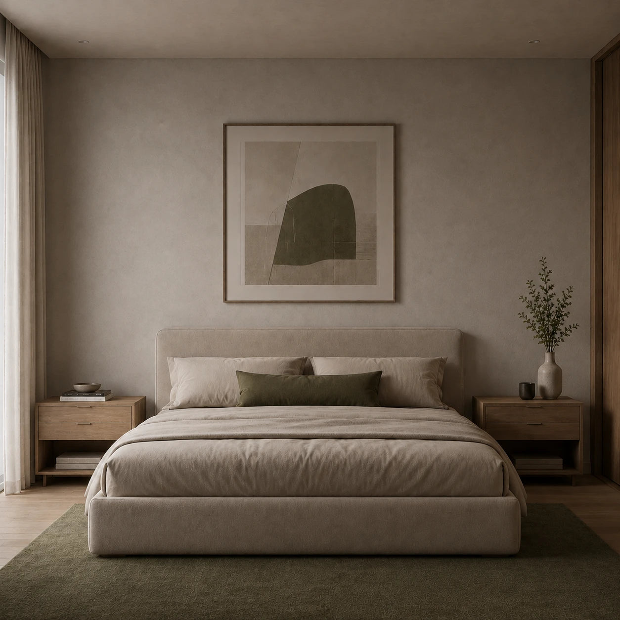 Serene bedroom with upholstered bed and open oak bedside tables before installing the adjustable spot Nordic wall light