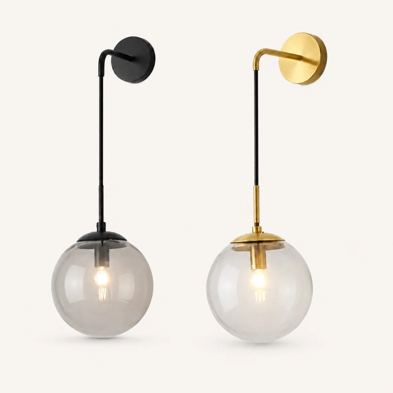 Amber glass hook arm Nordic wall sconce shown in all available hardware and glass globe colour combinations
