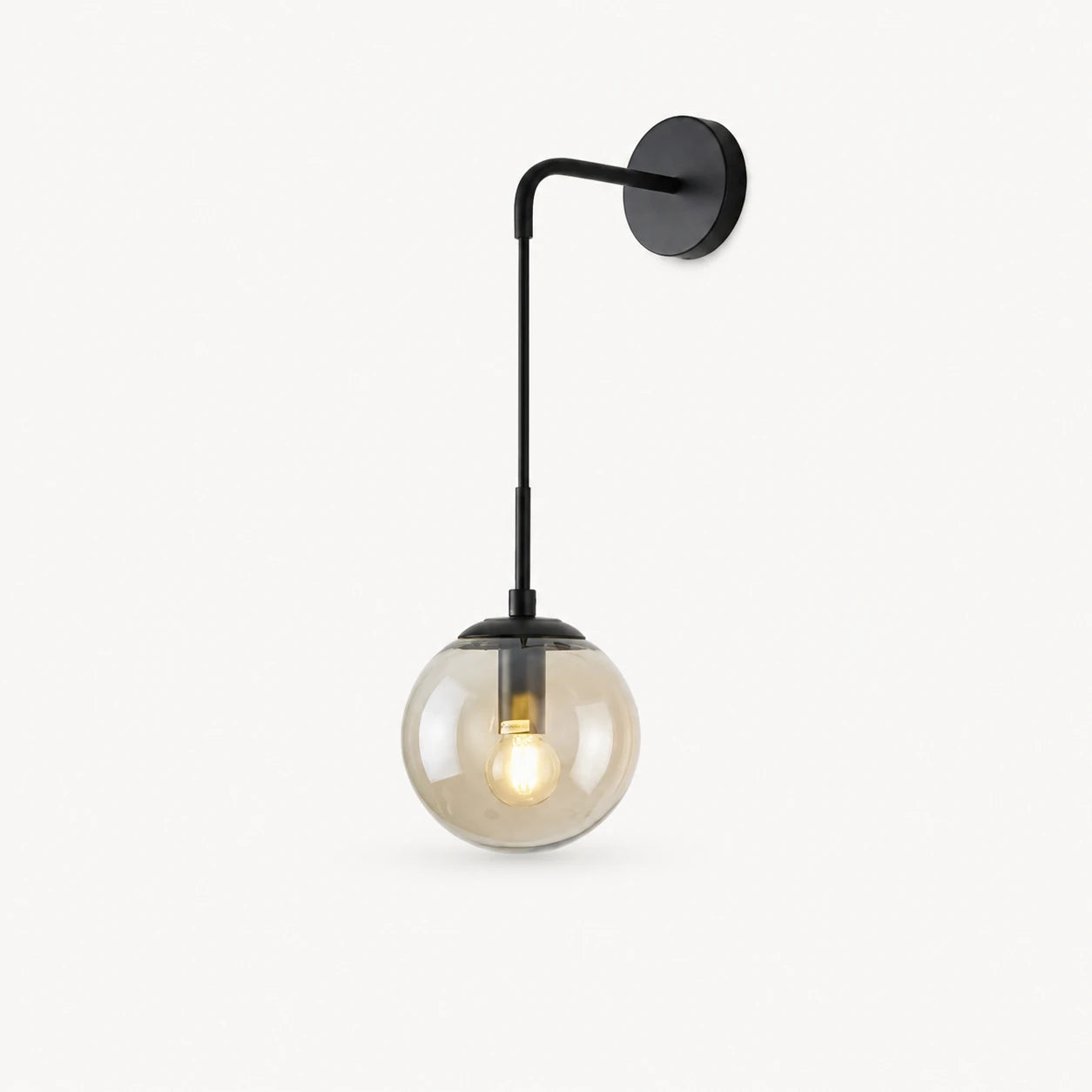 Black amber glass hook arm Nordic wall sconce with amber-tinted glass globe and matte black hook hardware detail