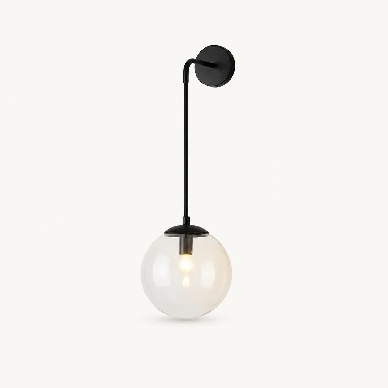 Black amber glass hook arm Nordic wall sconce with clear glass globe and matte black hook arm hardware detail