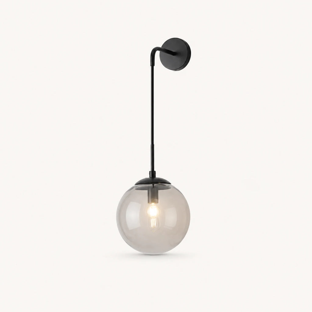 Black amber glass hook arm Nordic wall sconce with smoke grey glass globe and matte black hook hardware detail