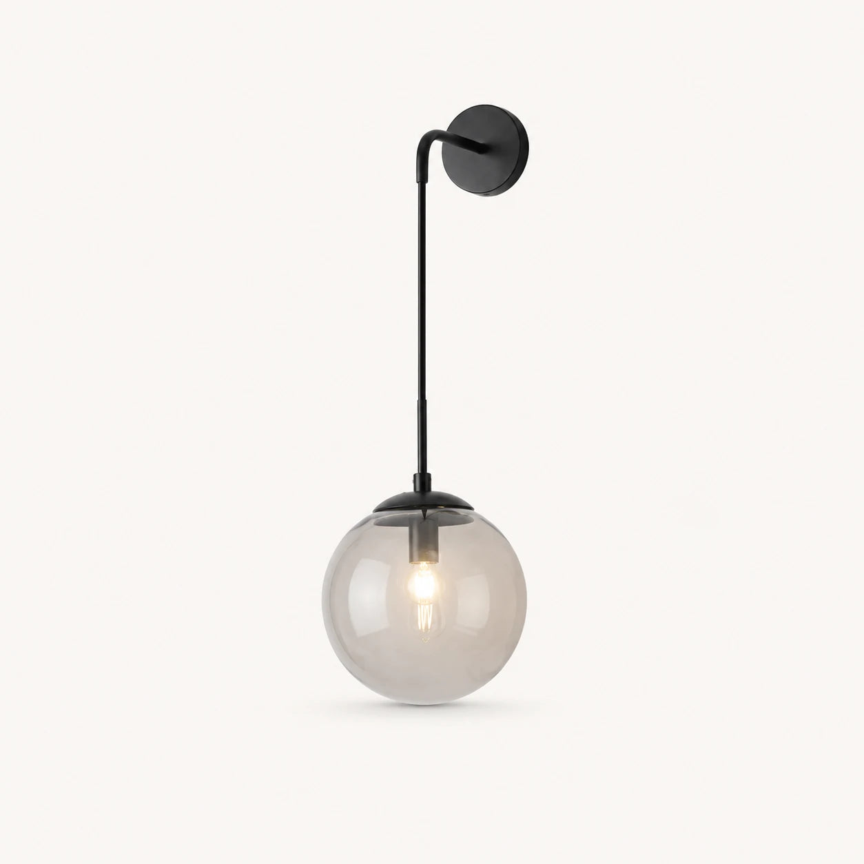 Black amber glass hook arm Nordic wall sconce with smoke grey glass globe and matte black hook hardware detail