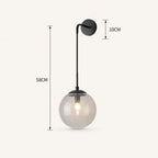 Amber glass hook arm Nordic wall sconce full dimension diagram showing height width and reach measurements