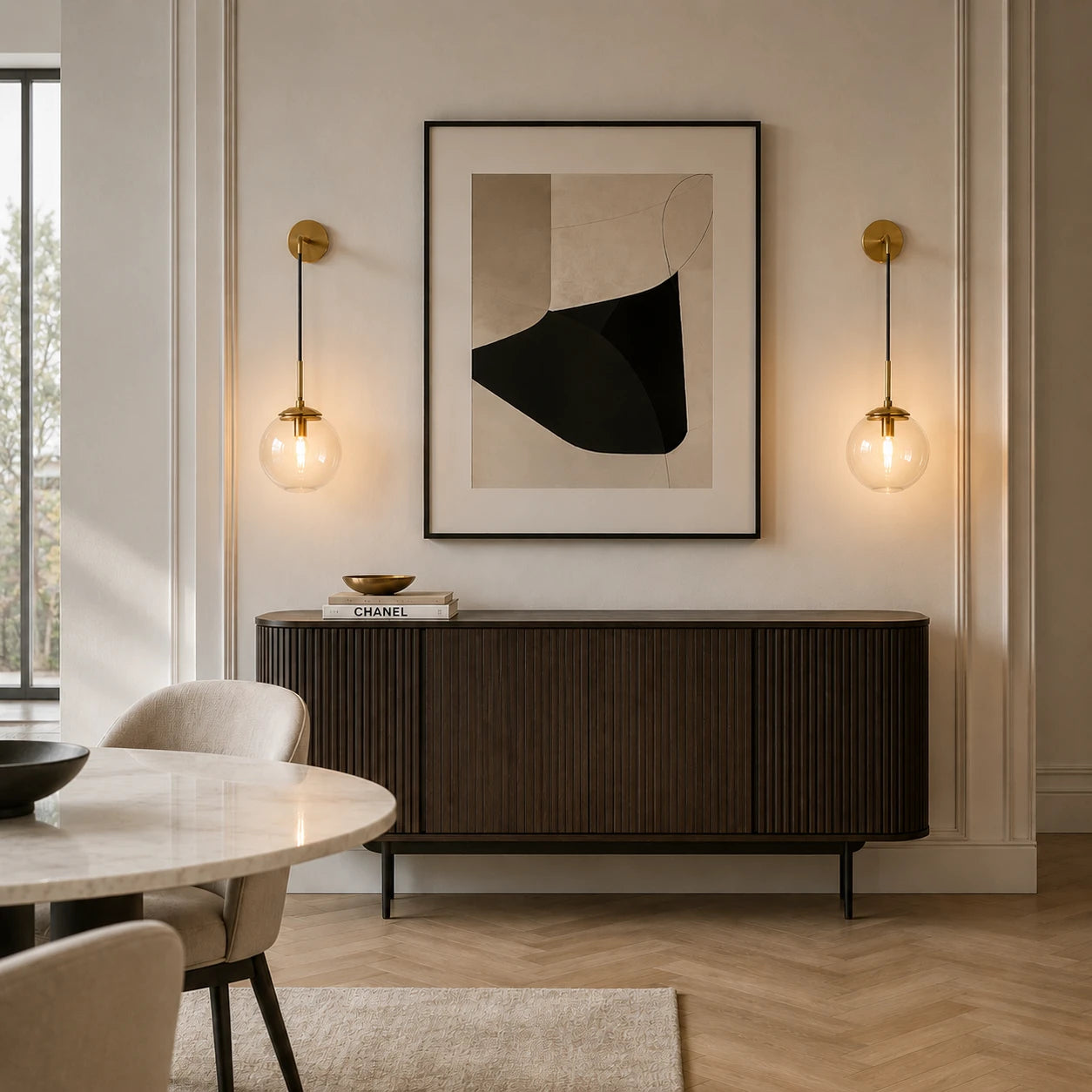 Amber Glass Hook Arm Nordic Wall Sconce after installation in dining room
