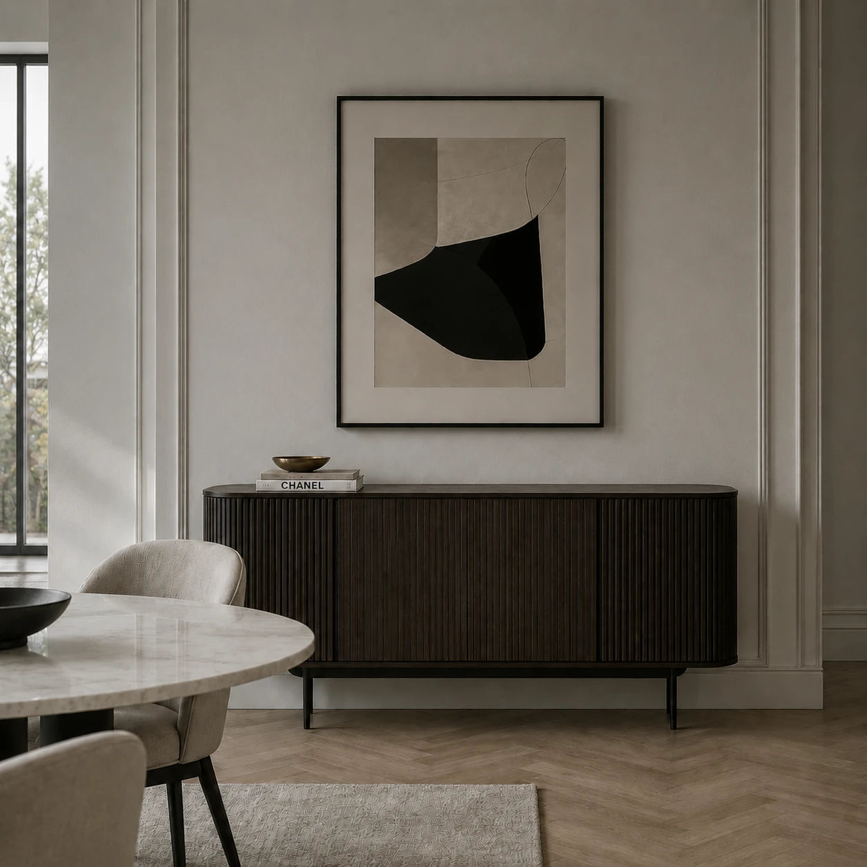 Dining room with dark rounded fluted sideboard and marble table before installing the amber glass hook arm Nordic wall sconce