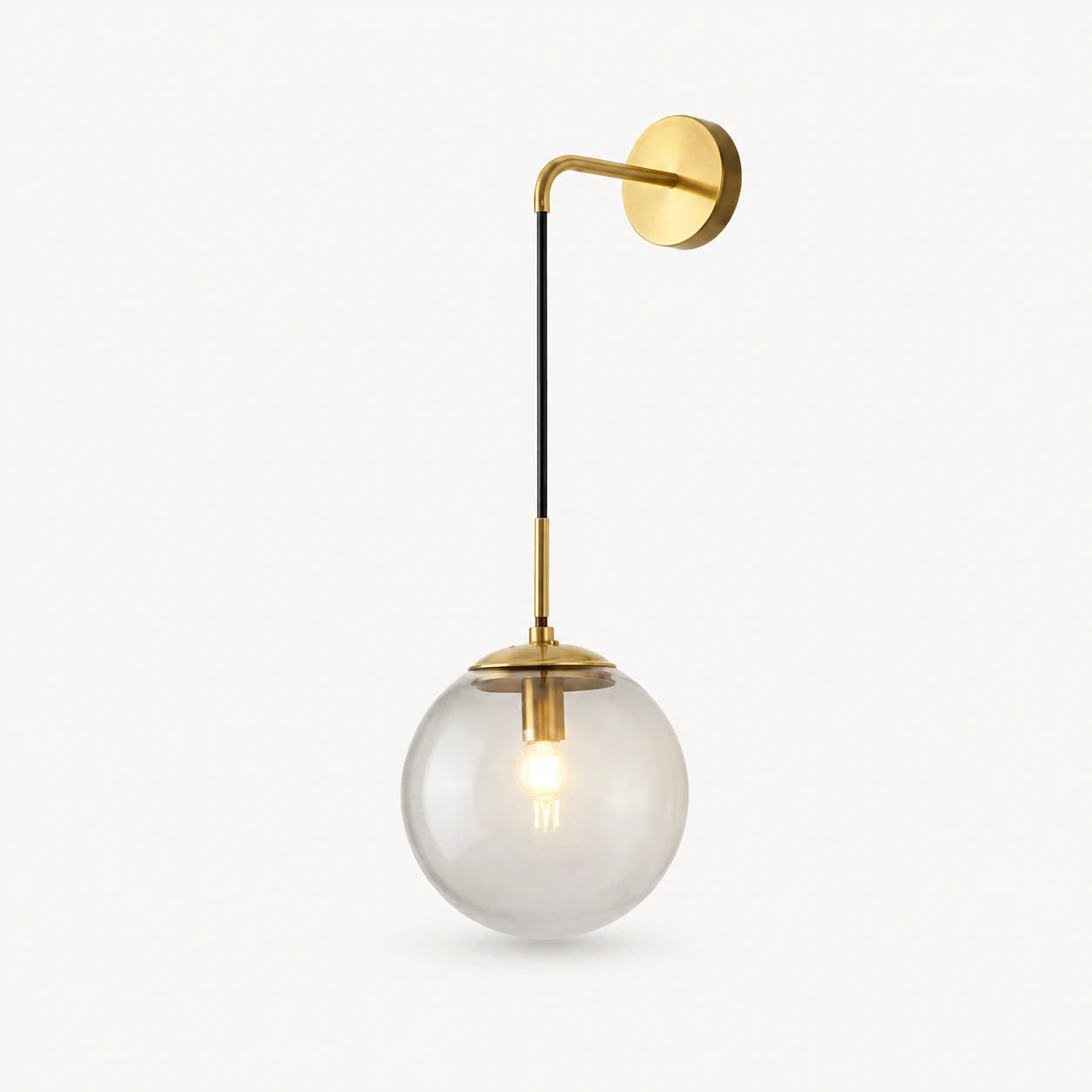 Gold amber glass hook arm Nordic wall sconce with smoke grey glass globe and brushed gold hook hardware detail