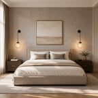 Black clear amber glass hook arm Nordic wall sconces used as bedside reading lights in neutral luxury bedroom