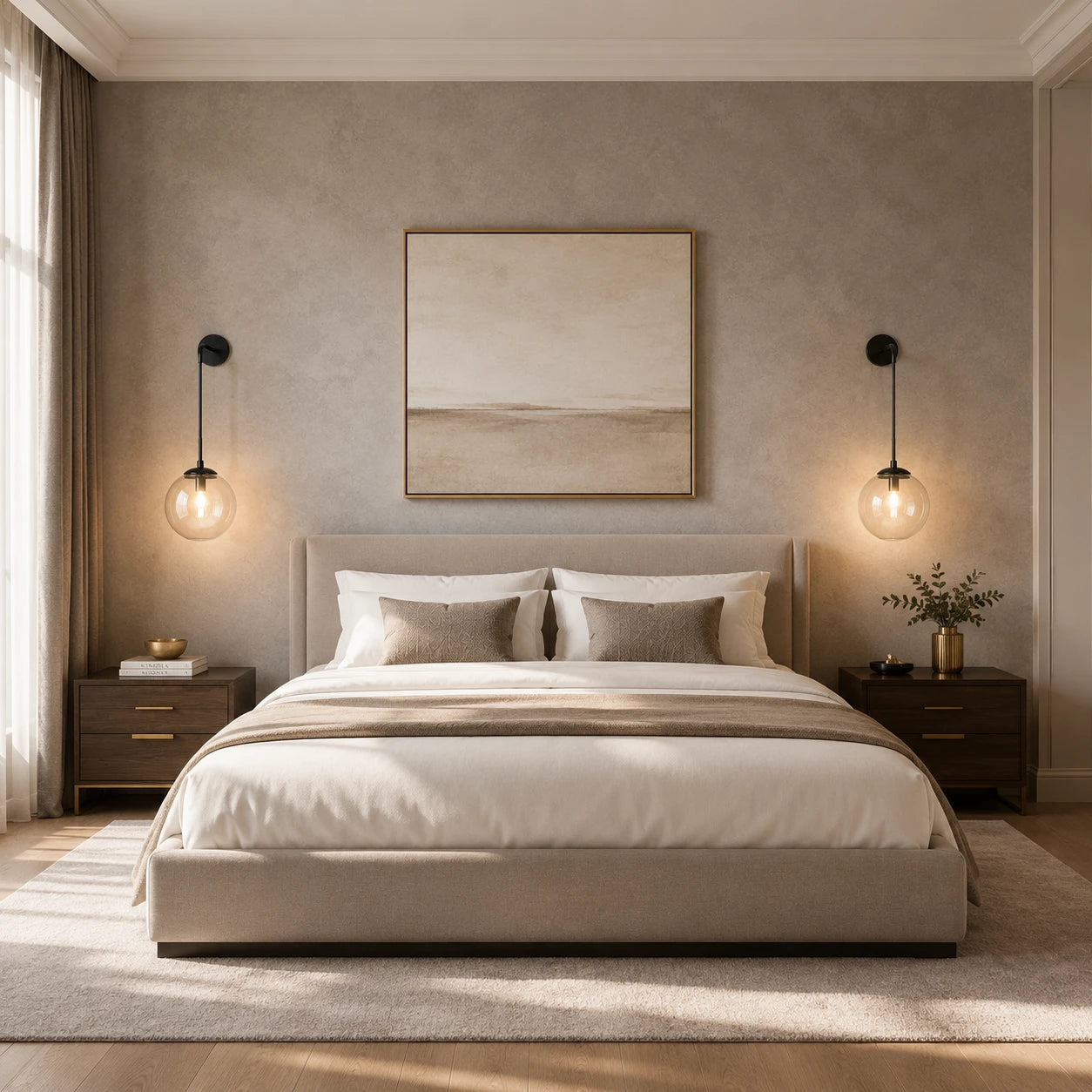 Black clear amber glass hook arm Nordic wall sconces used as bedside reading lights in neutral luxury bedroom