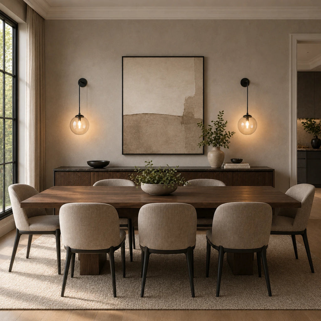 Black clear amber glass hook arm Nordic wall sconces flanking artwork above long dining table in elegant dining room