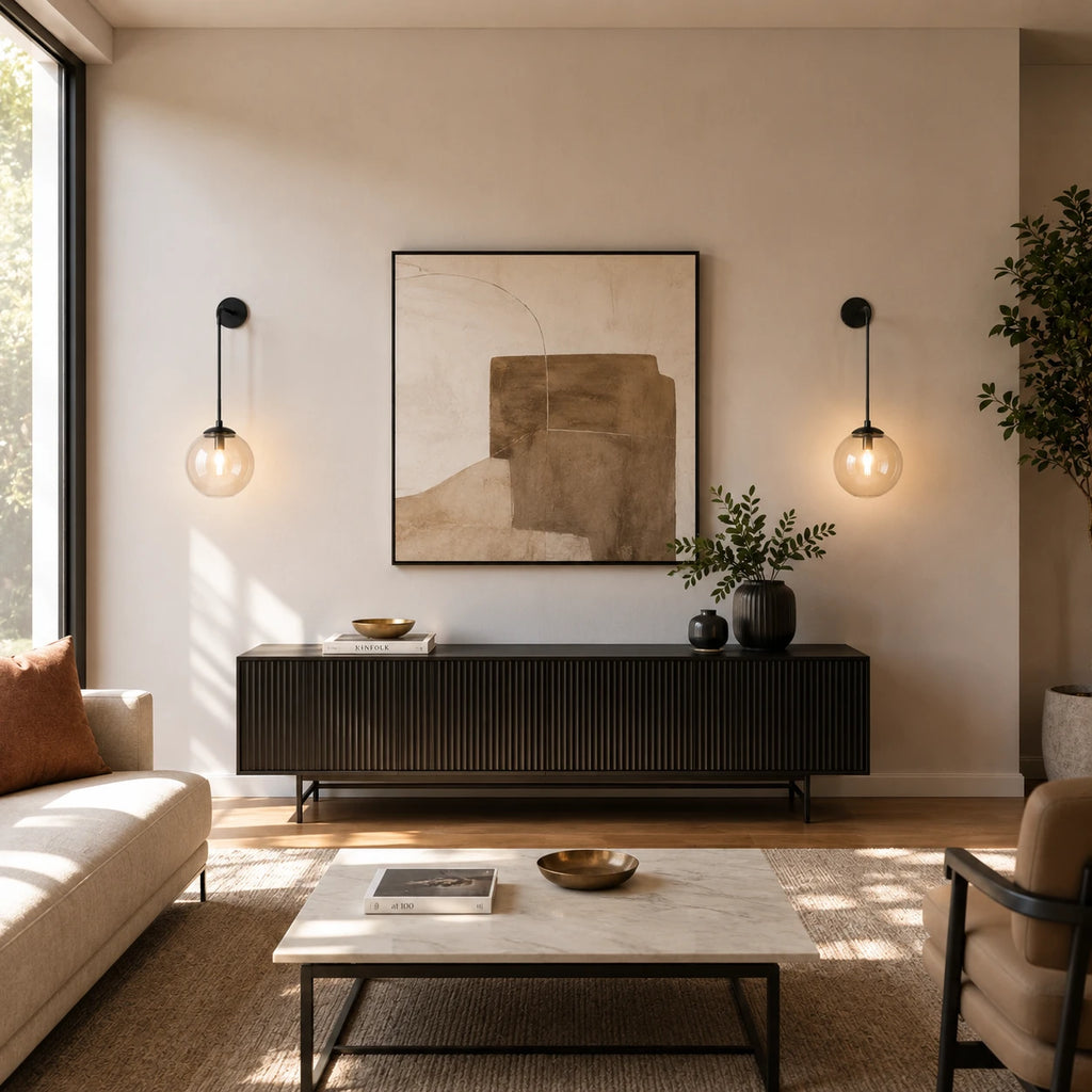 Black clear amber glass hook arm Nordic wall sconces flanking artwork above sideboard console in contemporary living room