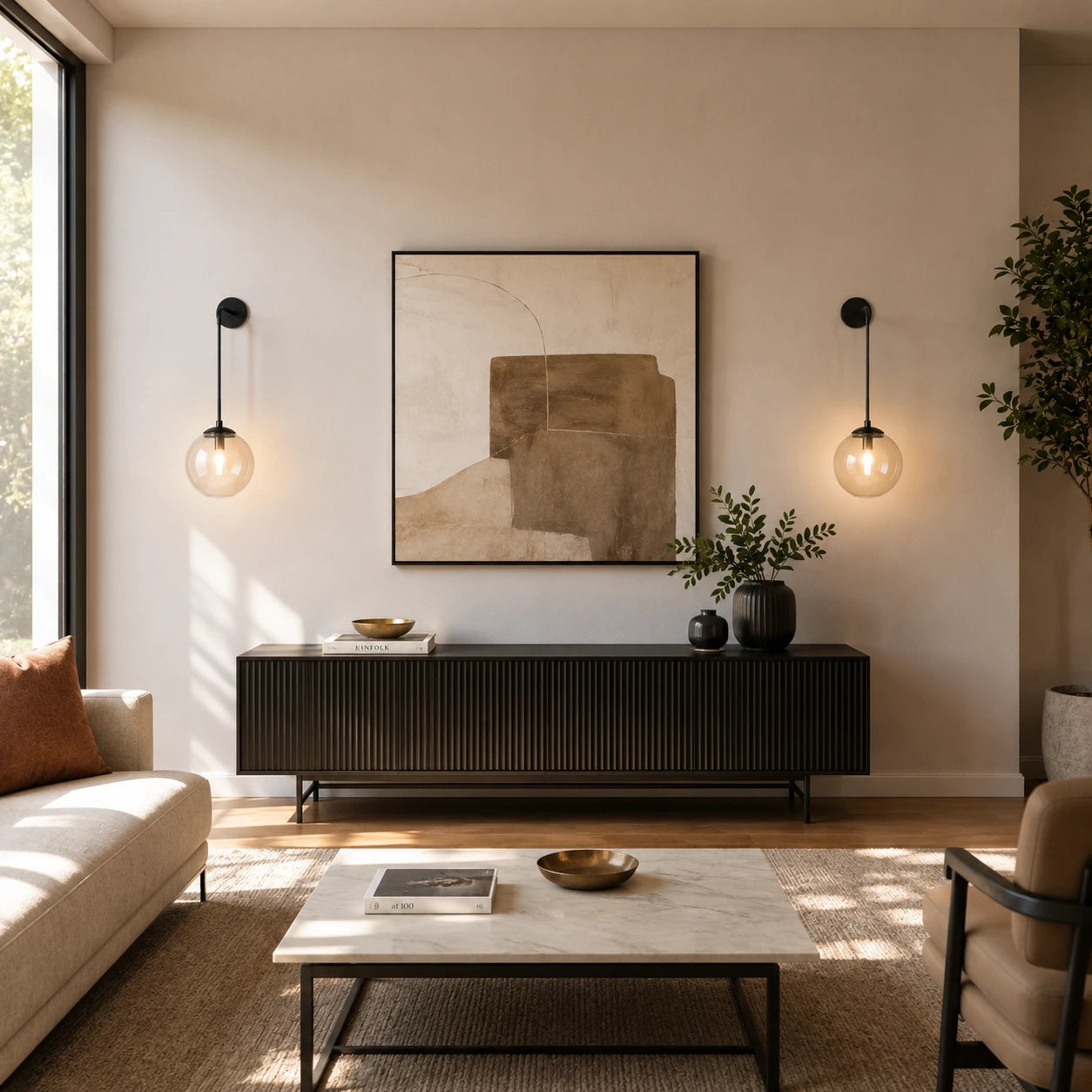 Black clear amber glass hook arm Nordic wall sconces flanking artwork above sideboard console in contemporary living room