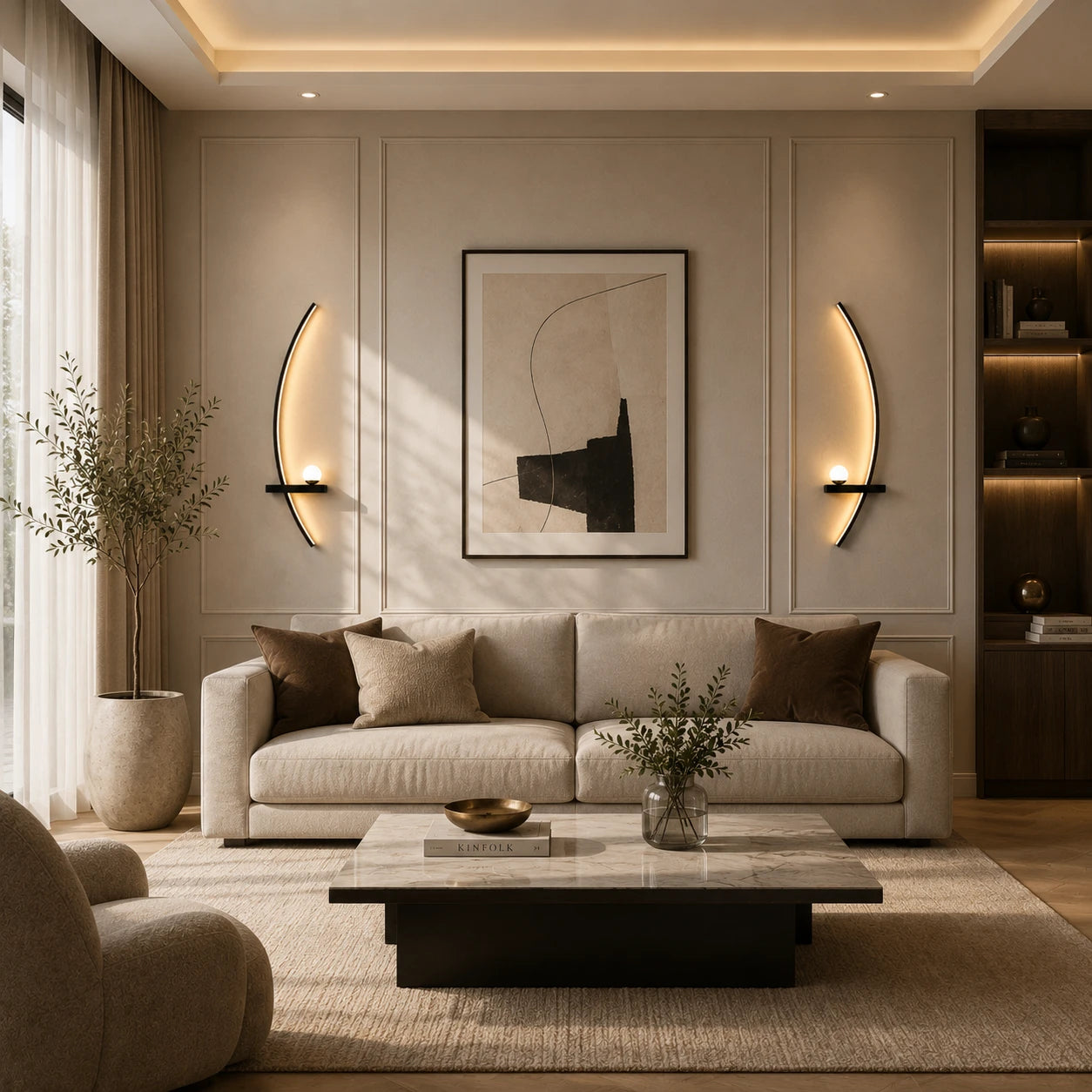 Black Crescent Arc LED Bedside Modern Wall Light after installation in living room