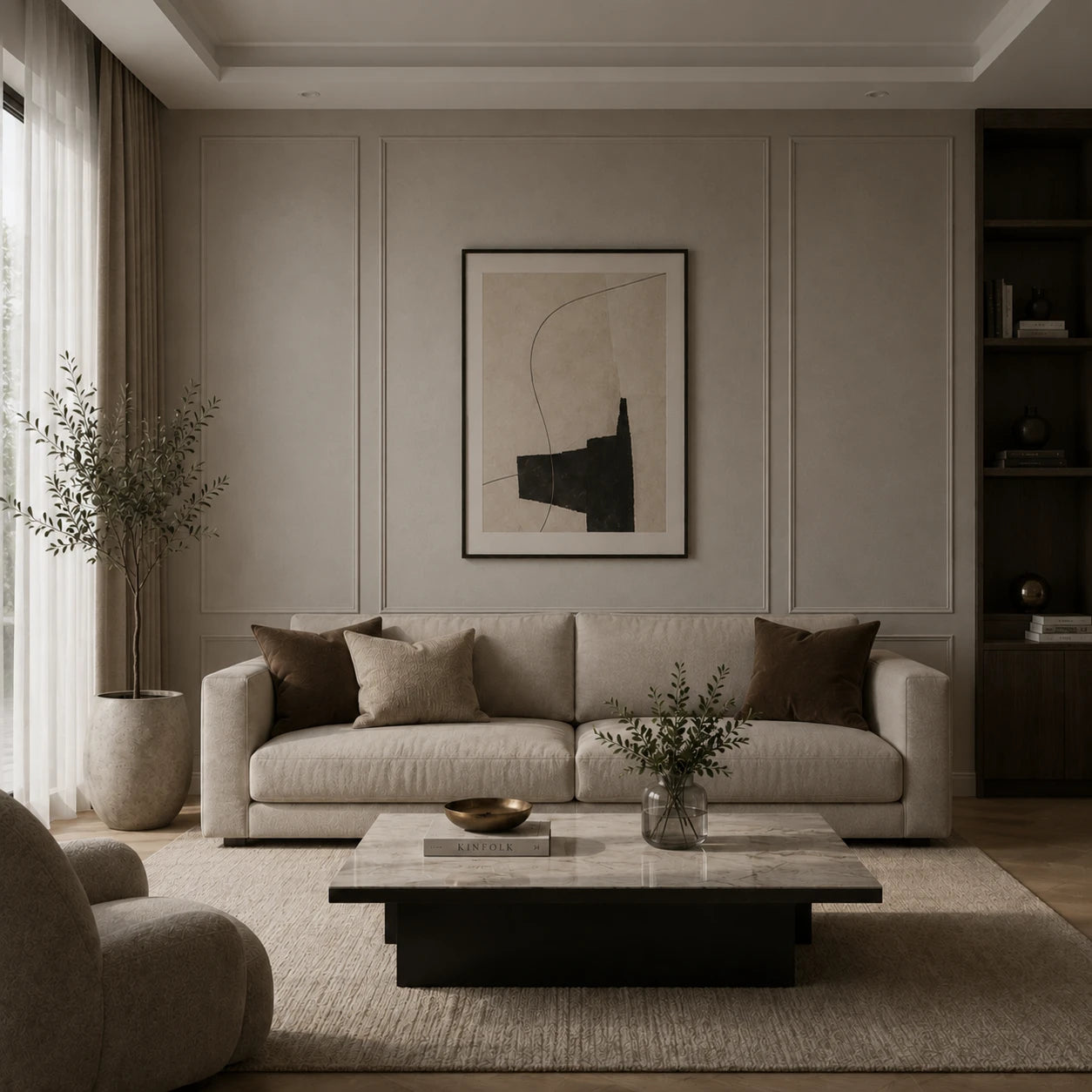 Elegant living room with cream sofa and black marble coffee table before installing the black crescent arc bedside wall light