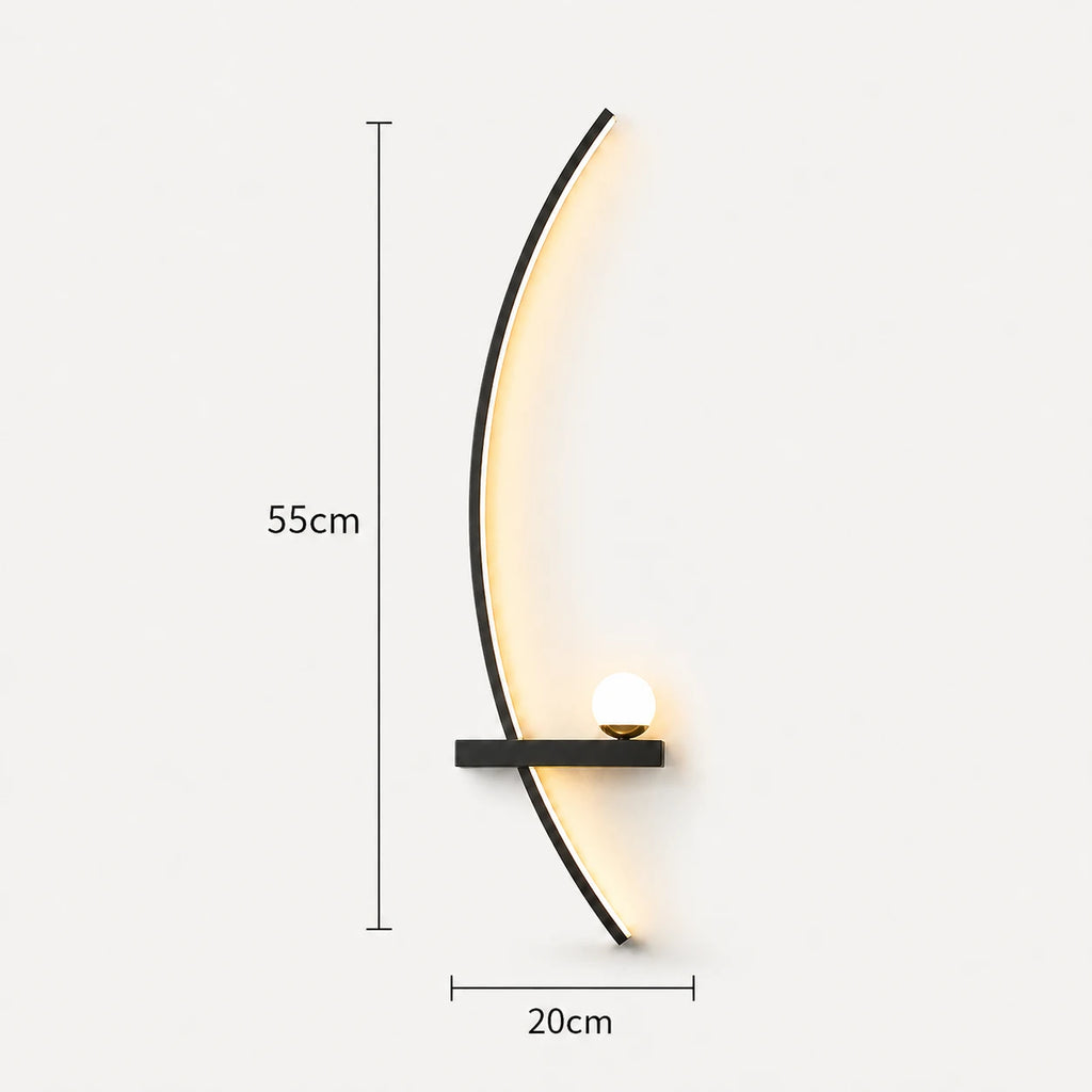 Black crescent arc LED bedside wall light dimensions — arc length, height and wall bracket measurements on a white background.