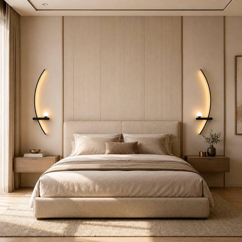 Pair of black crescent arc LED bedside wall lights flanking a bed, curved inward in a modern hotel-style bedroom.