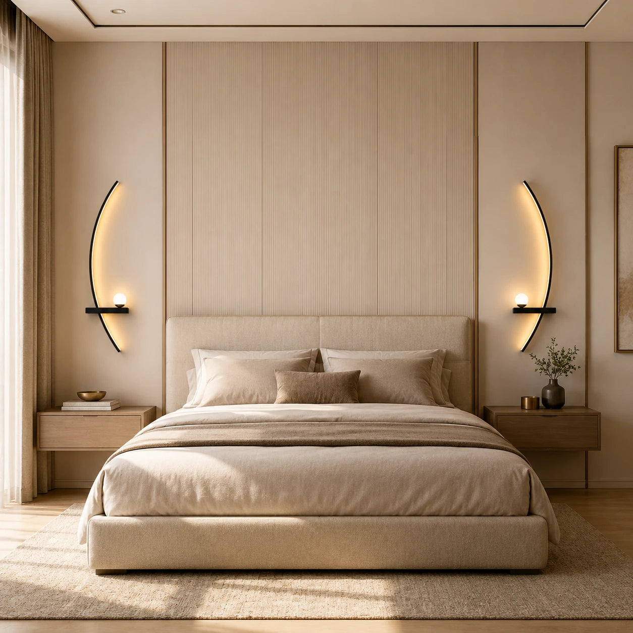 Pair of black crescent arc LED bedside wall lights flanking a bed, curved inward in a modern hotel-style bedroom.