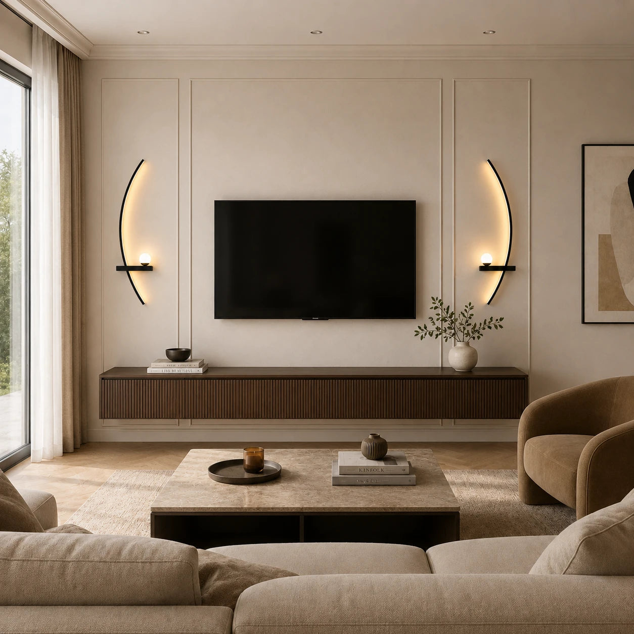 Black crescent arc LED wall light in a living room above a sofa, providing warm accent lighting above seating.