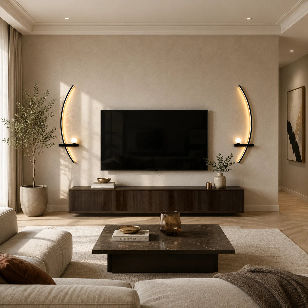 Pair of black crescent arc LED wall lights flanking a wall-mounted TV in a warm modern living room