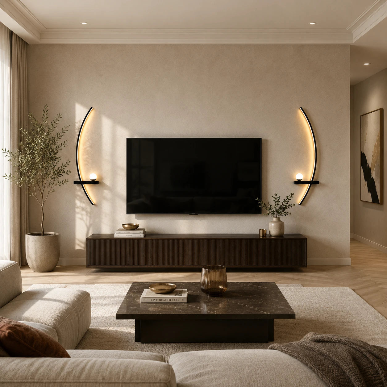 Pair of black crescent arc LED wall lights flanking a wall-mounted TV in a warm modern living room