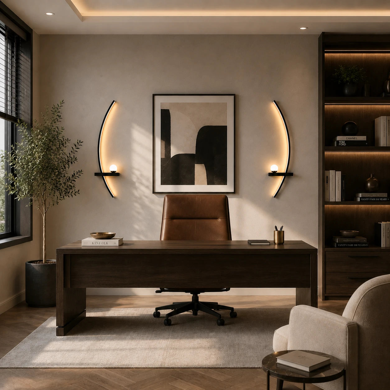 Black crescent arc LED wall lights flanking a desk and artwork in a sophisticated home study