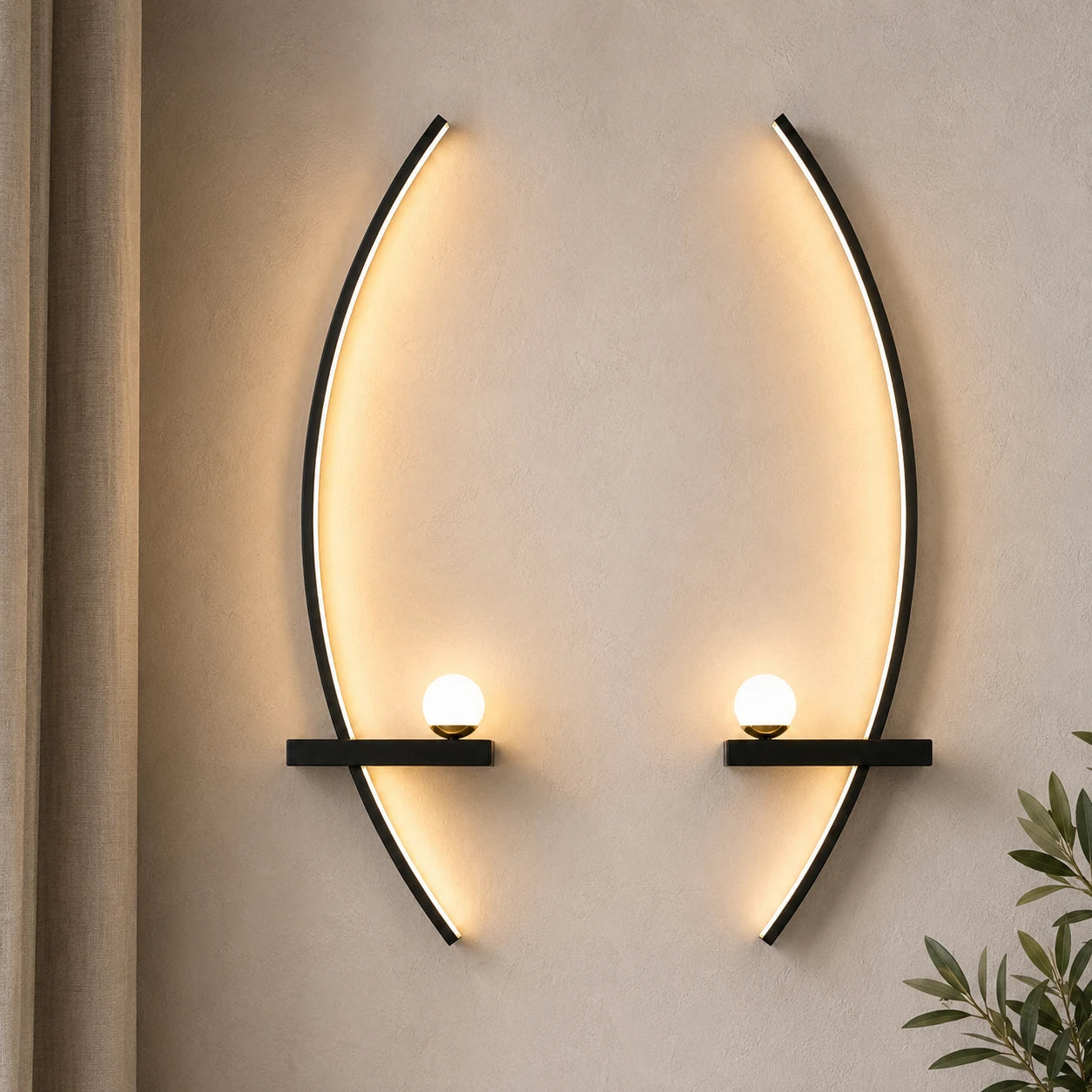 black-crescent-arc-led-bedside-modern-wall-light-pair