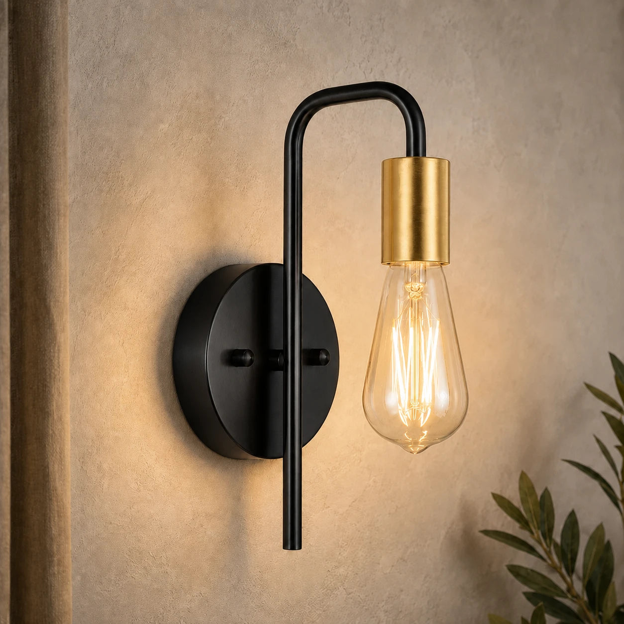 Black & Gold Bare Bulb Industrial Wall Sconce