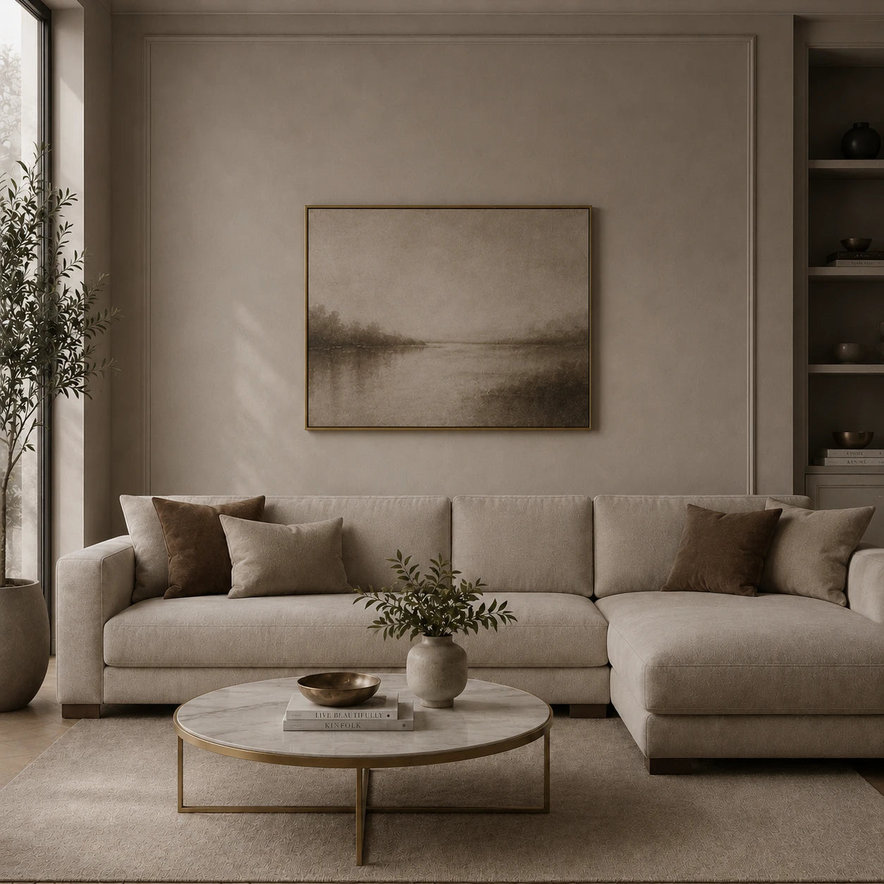 Cosy living room with cream sectional sofa and round marble coffee table before installing the black and gold bare bulb industrial wall sconce