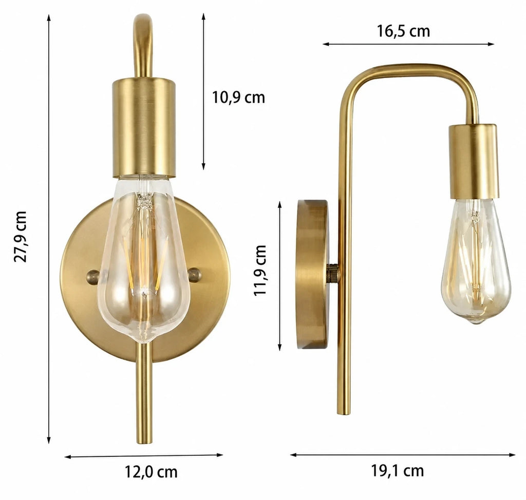 Black gold bare bulb industrial wall sconce dimension diagram showing height width and reach measurements