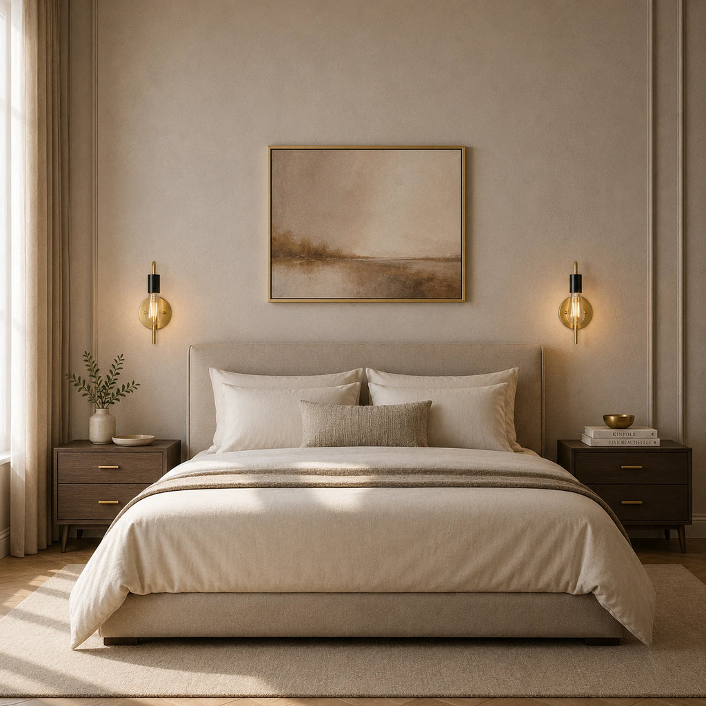 Gold black bare bulb industrial wall sconces used as bedside reading lights flanking artwork in neutral elegant bedroom