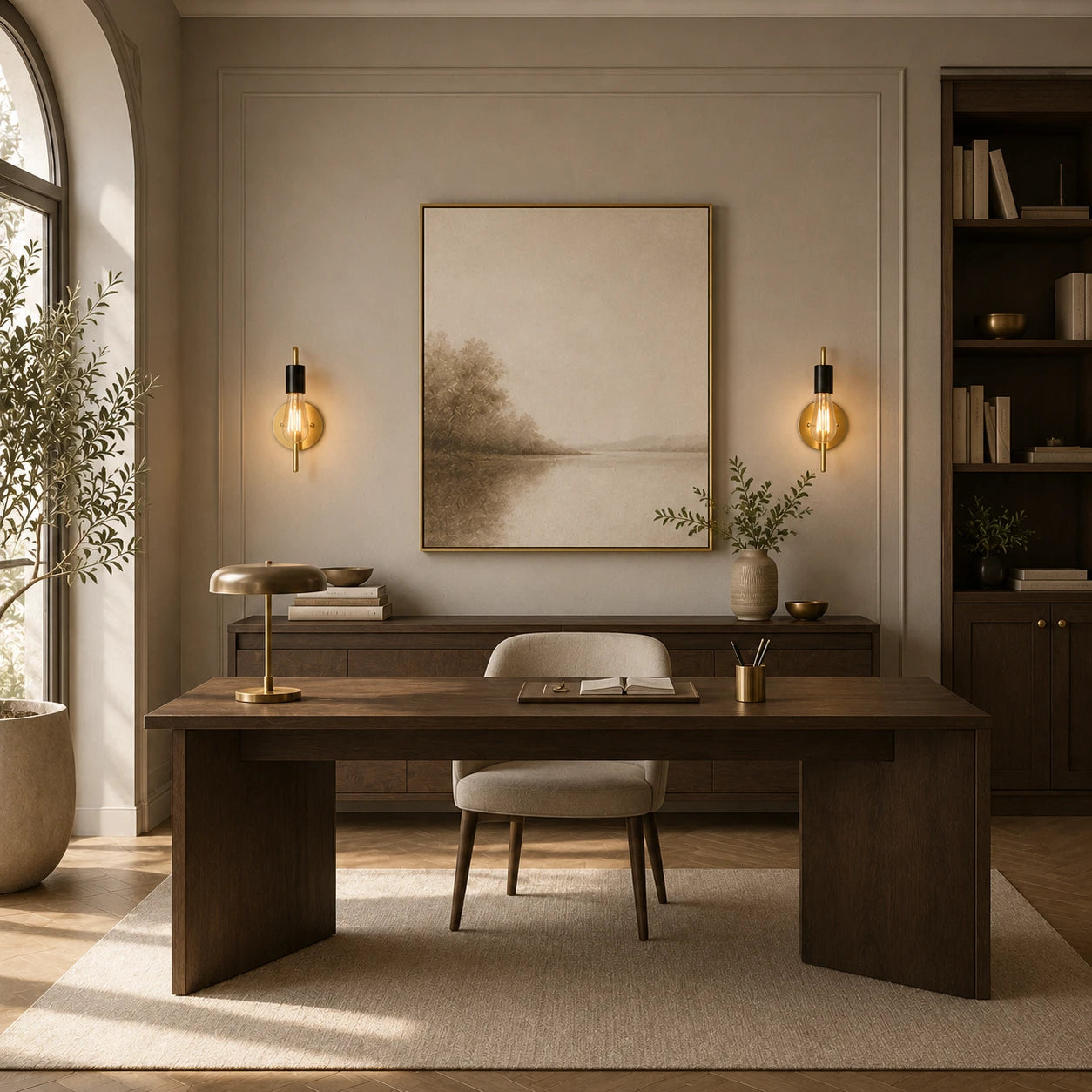 Gold black bare bulb industrial wall sconces flanking framed art above desk in dark wood panelled home office