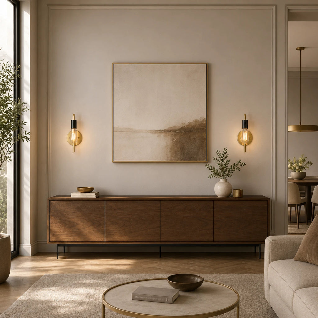 Gold black bare bulb industrial wall sconces flanking framed artwork above dark sideboard console in warm living room