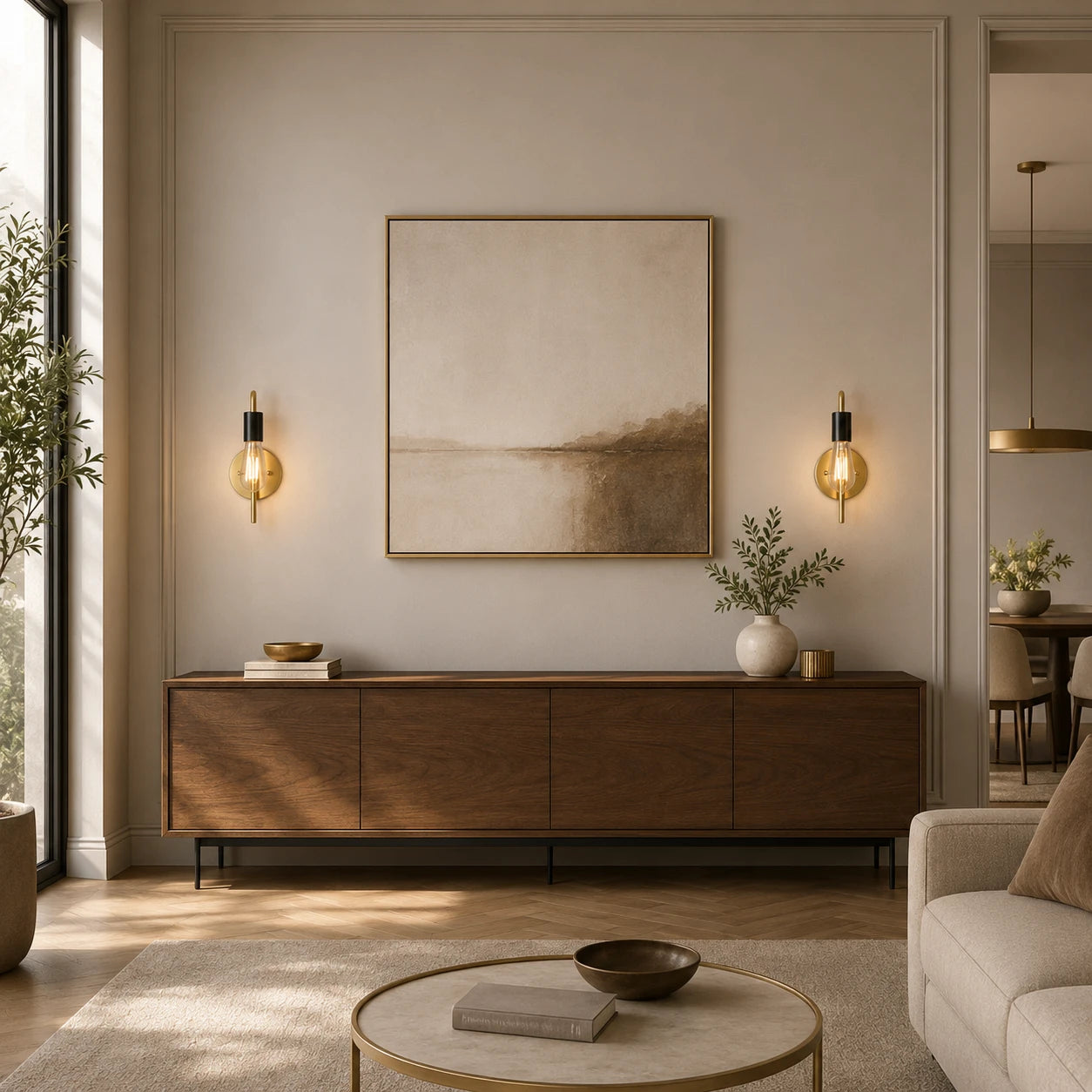 Gold black bare bulb industrial wall sconces flanking framed artwork above dark sideboard console in warm living room