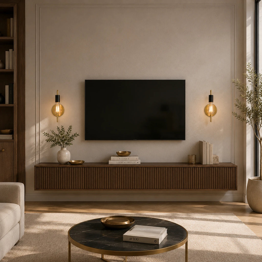 Gold black bare bulb industrial wall sconces flanking wall-mounted TV above floating sideboard in warm living room