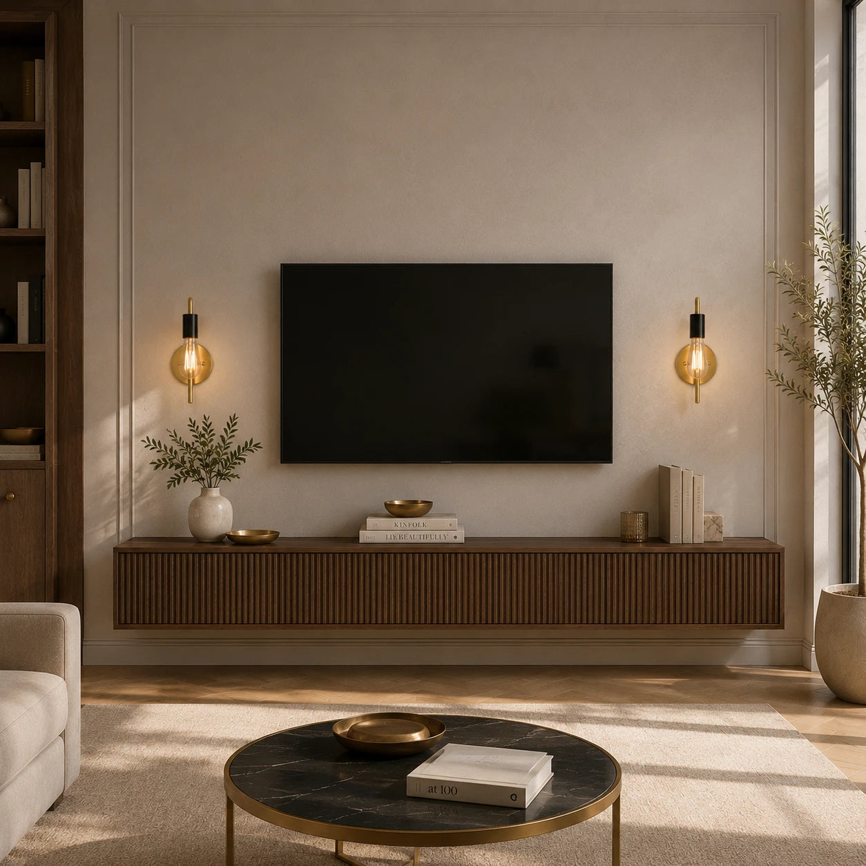 Gold black bare bulb industrial wall sconces flanking wall-mounted TV above floating sideboard in warm living room