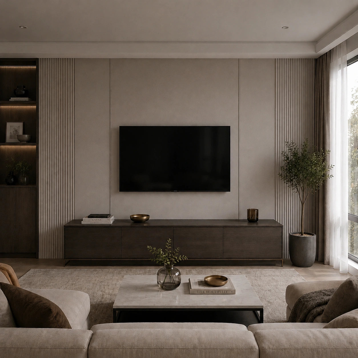 Sophisticated living room with dark walnut TV unit and marble coffee table before installing the black LED strip spotlight bedside wall light