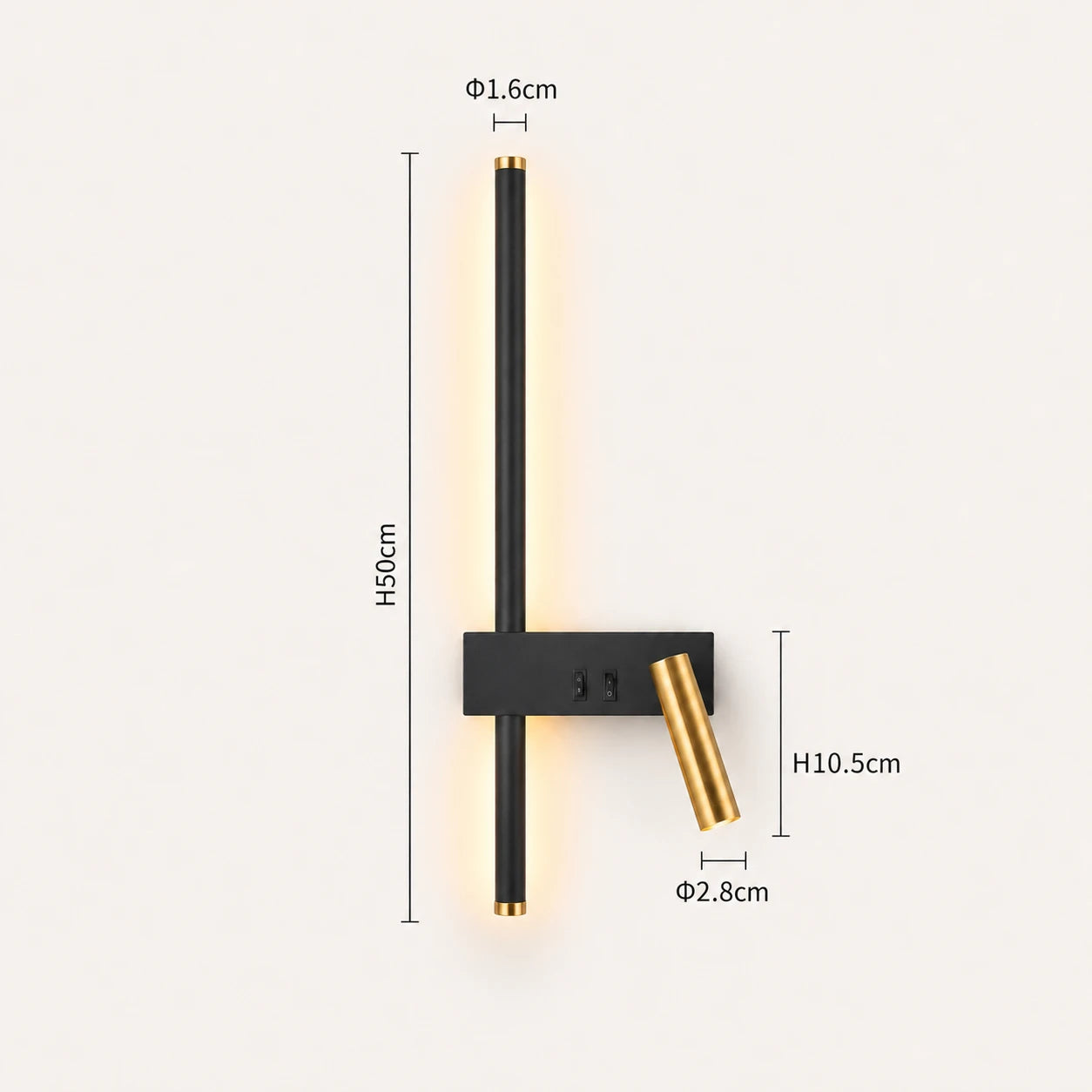 Black LED strip spotlight bedside wall light dimensions — slim bar length and wall bracket measurements on a white background.