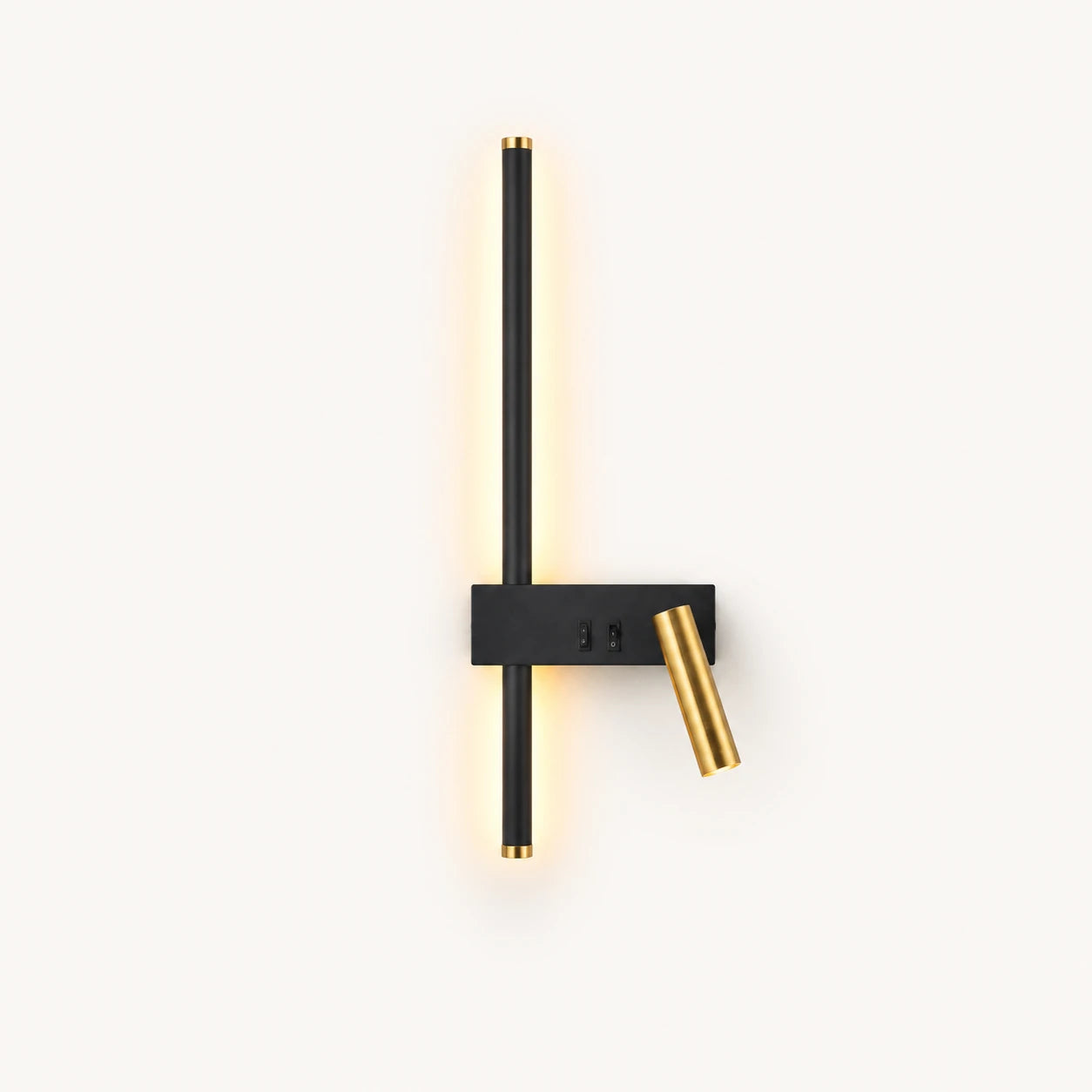 Black LED strip spotlight bedside wall light in left-facing orientation — directional beam angled toward the centre of the bed.