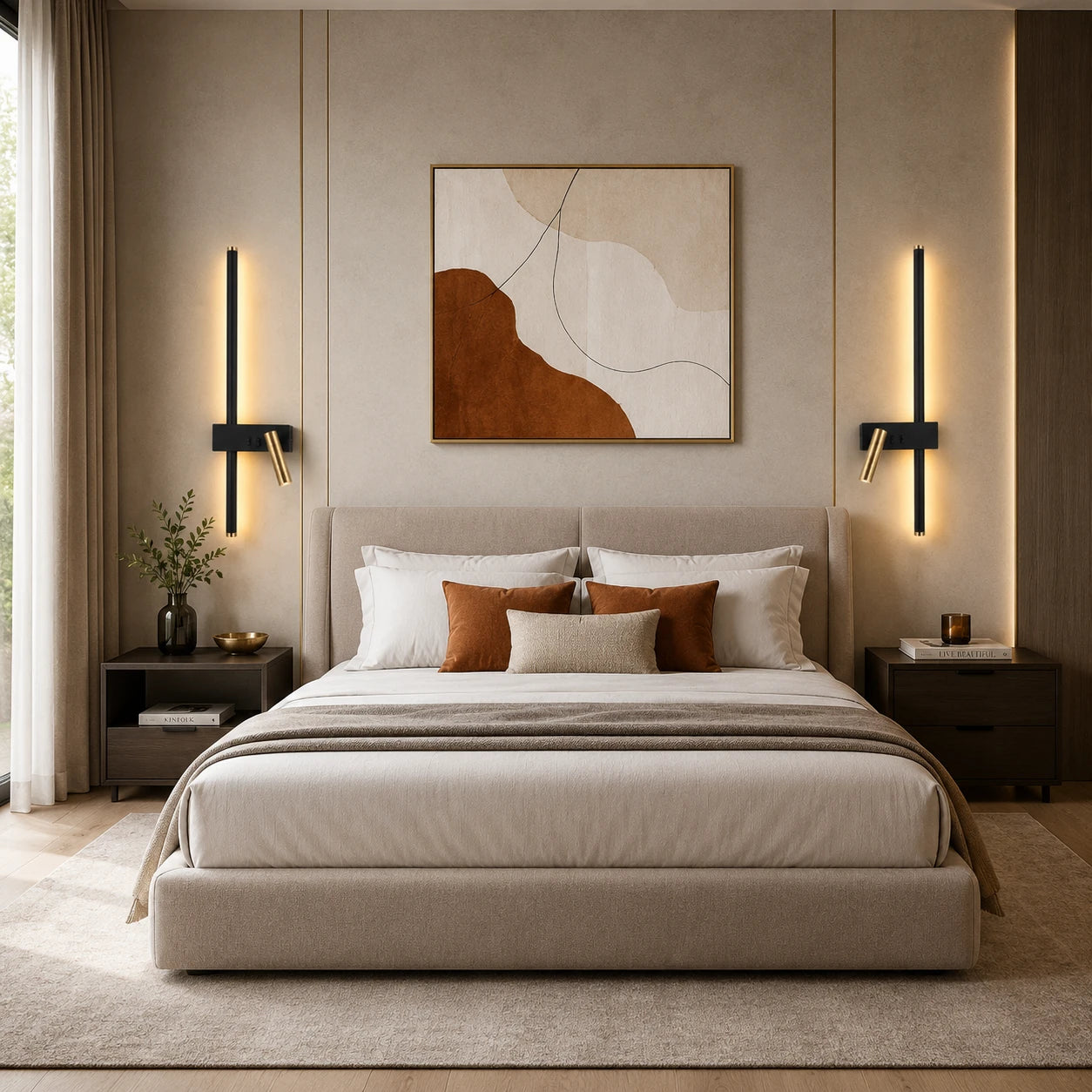 Pair of black LED strip spotlight bedside wall lights beside a bed with terracotta bedding in a modern bedroom