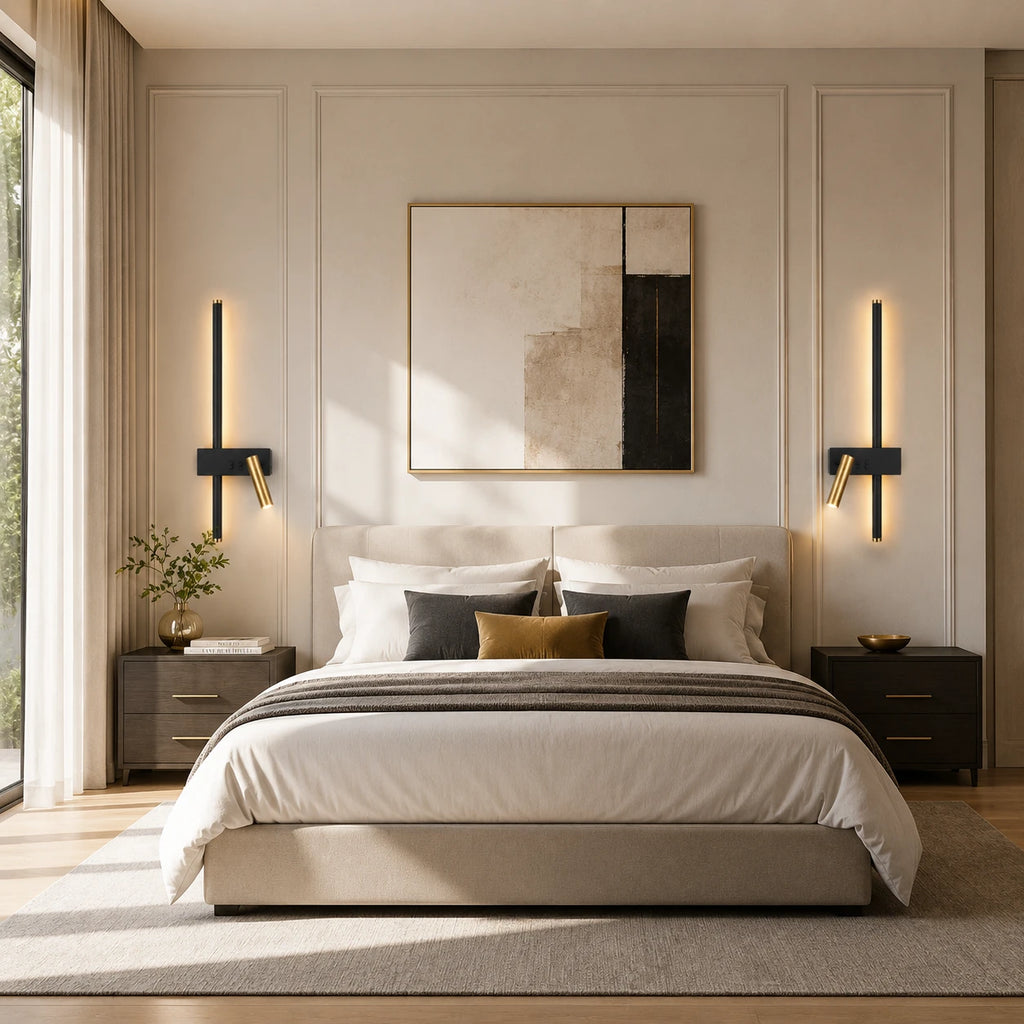 Pair of black LED strip spotlight bedside wall lights either side of a bed in a luxurious modern bedroom