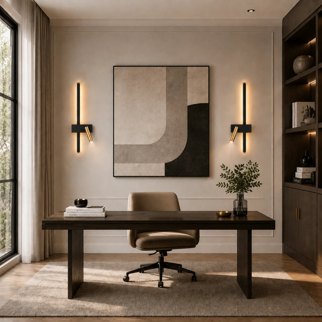 Black LED strip spotlight wall lights flanking a desk and bookshelf in a sophisticated home study