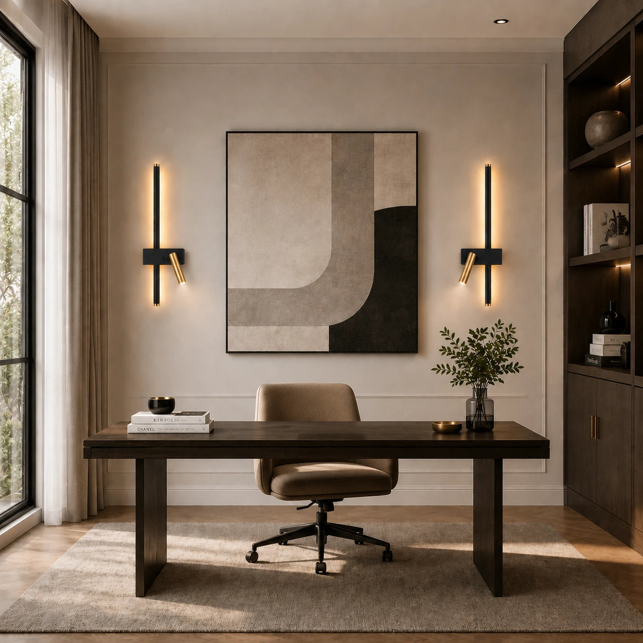 Black LED strip spotlight wall lights flanking a desk and bookshelf in a sophisticated home study