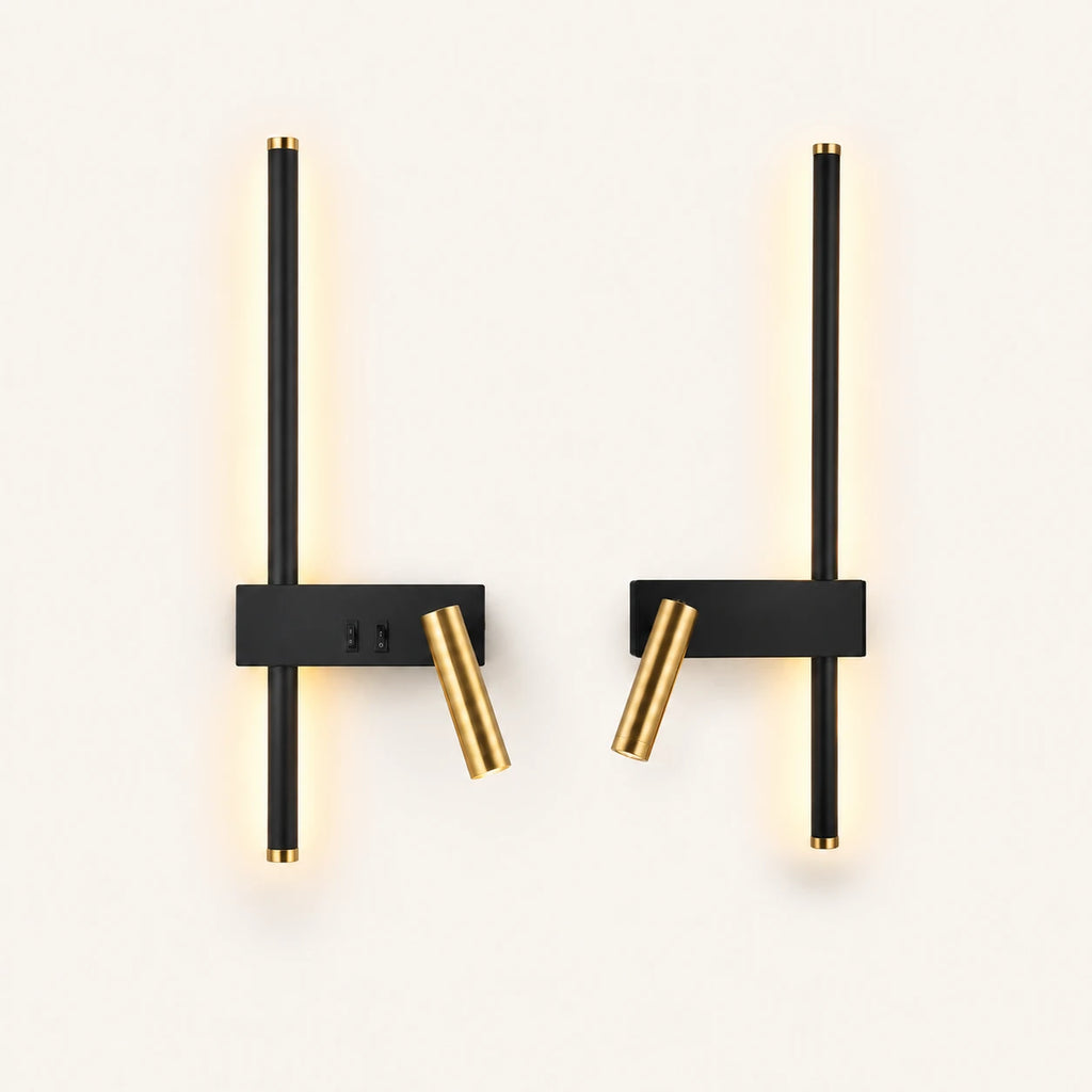 Black LED strip spotlight bedside wall lights as a left and right pair for a double bed.