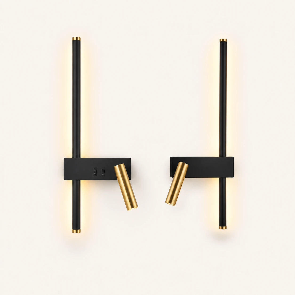 Black LED strip spotlight bedside wall lights as a left and right pair for a double bed.