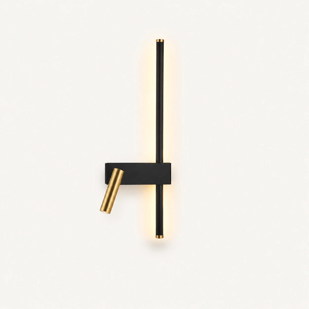 Black LED strip spotlight bedside wall light in right-facing orientation — directional beam angled toward the centre of the bed.