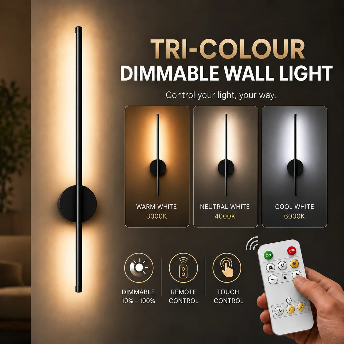 Black rechargeable wireless minimalist wall light tri-colour dimmable infographic — warm white 3000K, neutral white 4000K, and cool white 6000K with remote and touch control.