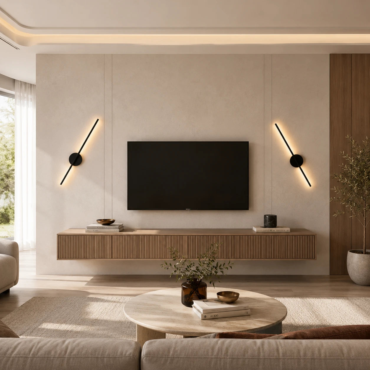 Black Rechargeable Wireless Minimalist Wall Light after installation in living room