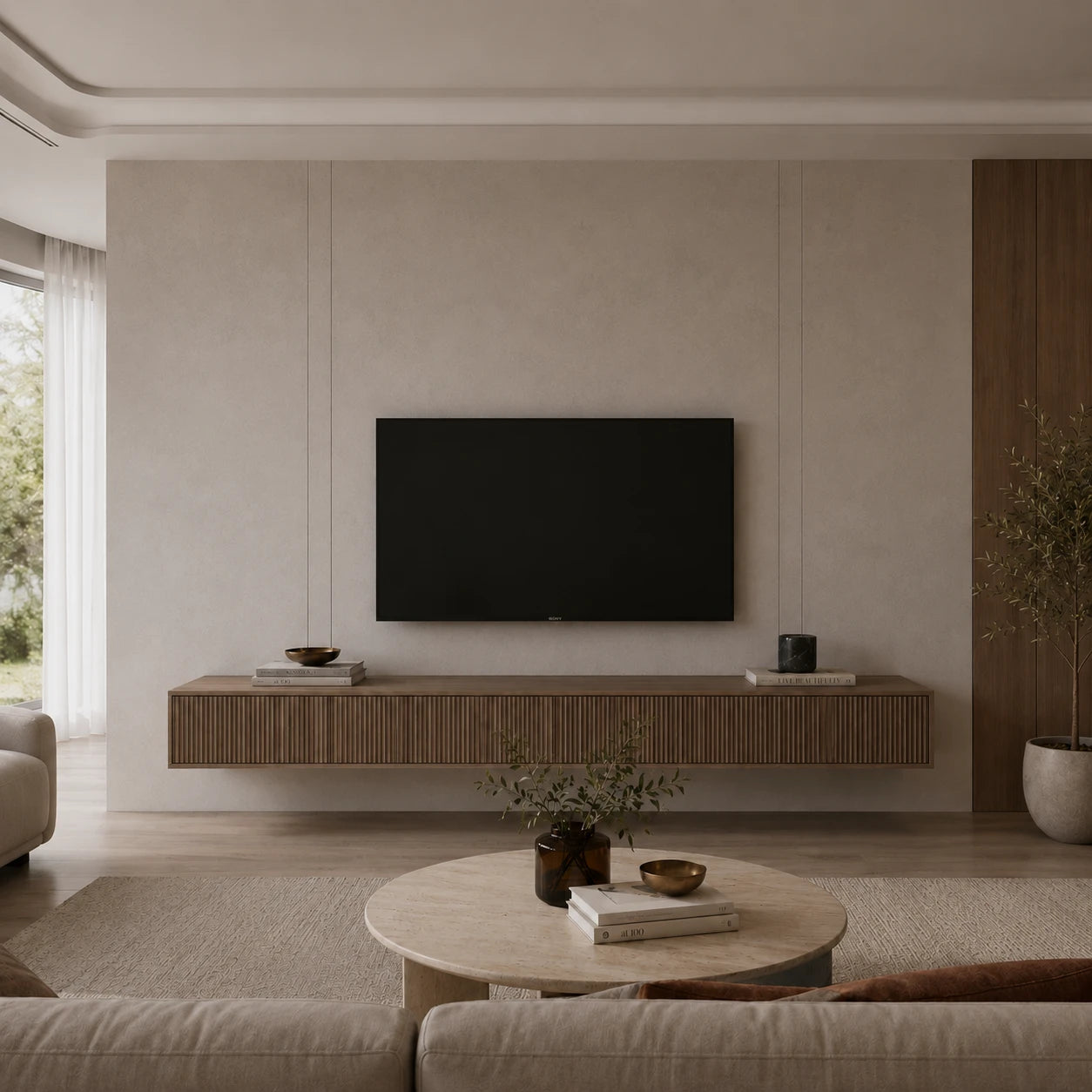 Minimalist living room with floating oak TV unit and travertine coffee table before installing the black rechargeable wireless wall light