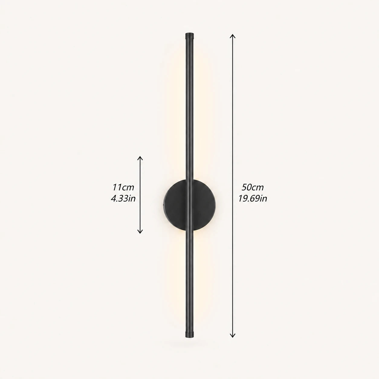 Black rechargeable wireless minimalist wall light dimensions — panel size and depth measurements on a white background.